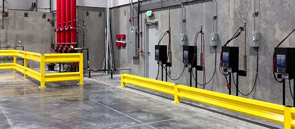 A warehouse with safety equipment.