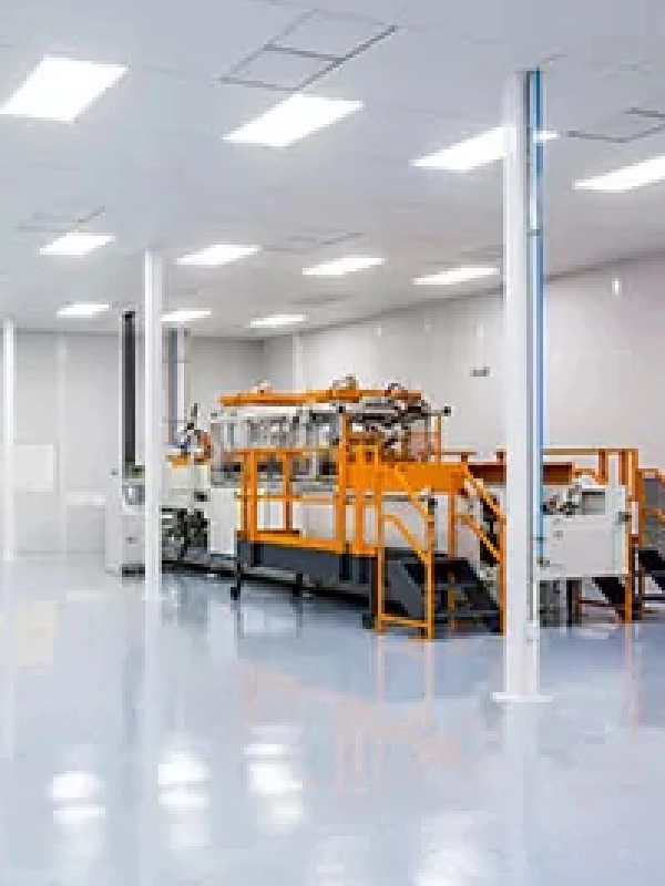 Large industrial machine with orange railings stands in a clean, brightly lit, white room featuring glossy floors and ceiling lights—ideal for use in Modular Buildings.