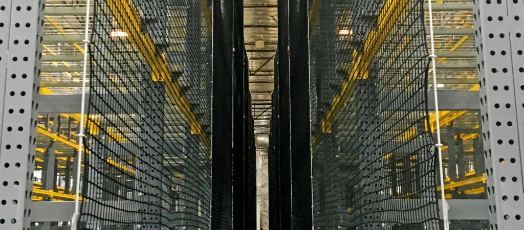 View between two tall rows of metal shelving in a warehouse, with yellow beams, industrial lighting, and Warehouse Safety Equipment visible in the background.