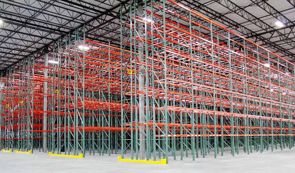 Large empty industrial warehouse with rows of tall, Double-Deep Rack pallet racks and concrete flooring under a high ceiling with exposed beams and bright lights.