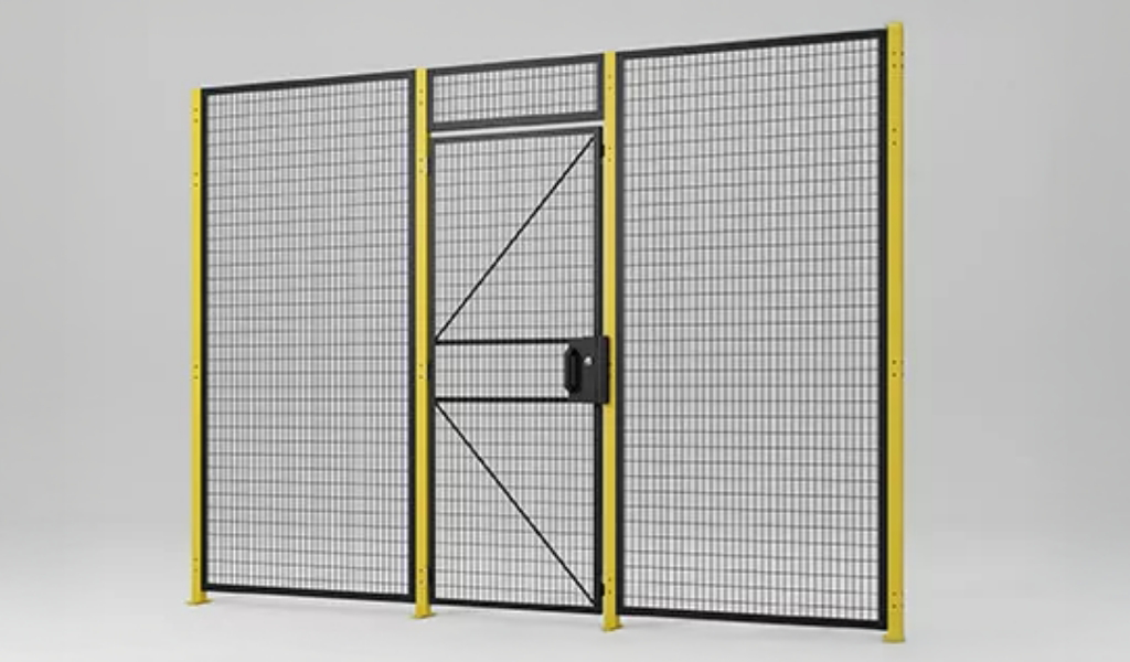 A metal wire mesh Industrial Safety Guard Fencing with three panels, including a central door with a handle; the frame is black with yellow posts.