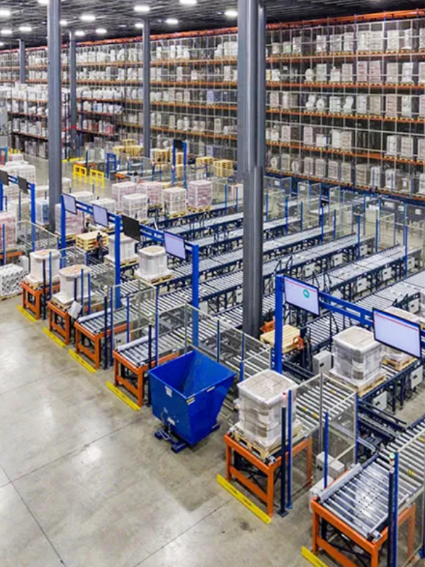 Spacious warehouse interior featuring tall racks of stacked boxes and advanced Conveyor Systems moving packages efficiently along automated conveyor belts below.