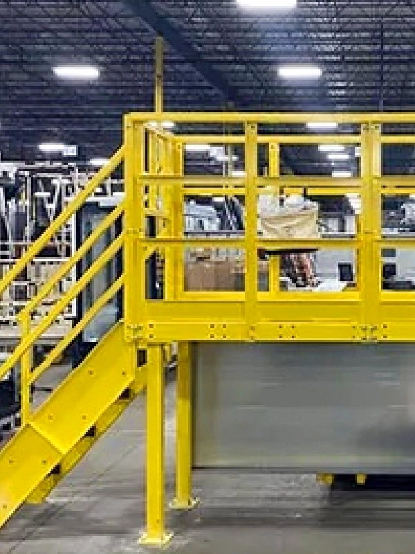 A yellow steel platform with stairs and railings stands inside an industrial warehouse, surrounded by equipment and supplies—an example of Steel Platforms & Mezzanines designed for efficient workspace utilization.