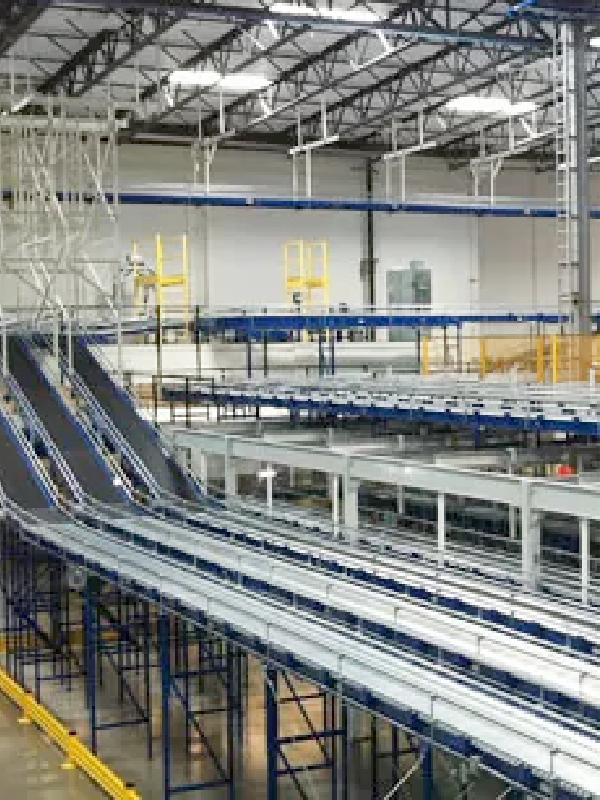 Large industrial warehouse interior featuring advanced conveyor systems and metal structures for sorting or transporting goods with multiple automated belts.