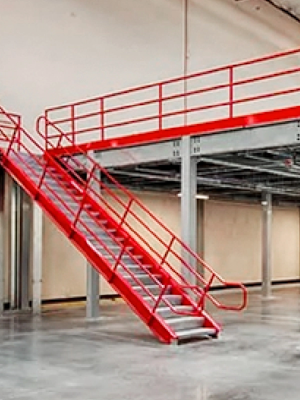 A red metal staircase leads up to a mezzanine platform with matching red railings, exemplifying the sturdy design of steel platforms & mezzanines in an industrial warehouse space.
