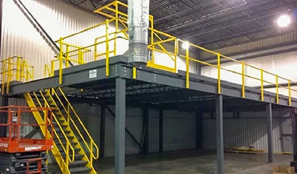 A steel mezzanine structure with yellow railings and stairs stands inside an industrial warehouse, showcasing the versatility of Steel Platforms & Mezzanines. A ventilation duct runs overhead.
